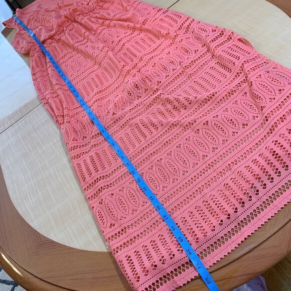 London Times Dress Maxi Midi V-neck 8 M Orange Pink elastic waist lace stretch - Picture 13 of 16